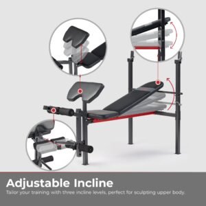 Sunny Health & Fitness Adjustable Standard Incline Weight Bench with Leg Developer and Preacher Curl Attachment - SF-BH623009