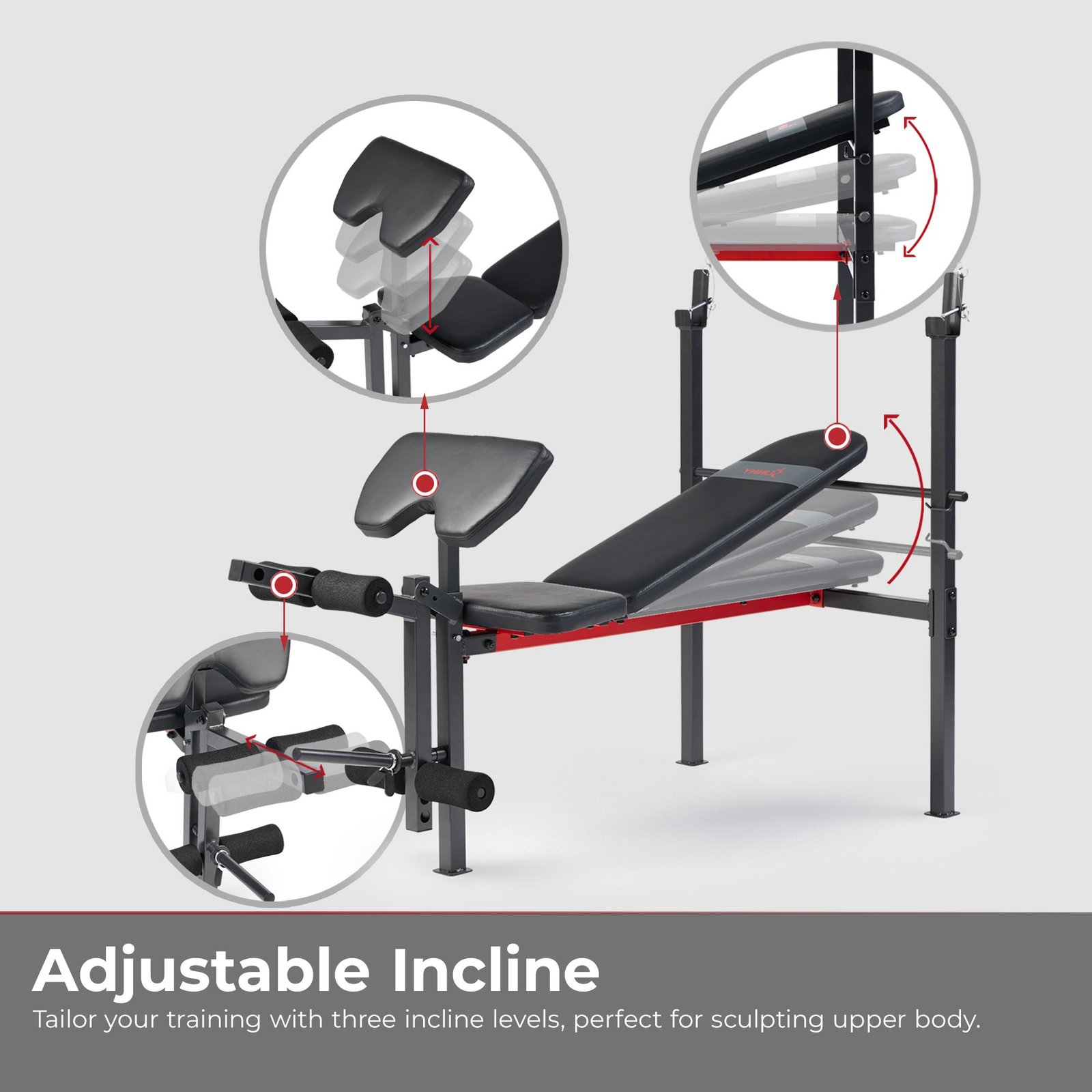 Sunny Health & Fitness Adjustable Standard Incline Weight Bench with Leg Developer and Preacher Curl Attachment - SF-BH623009