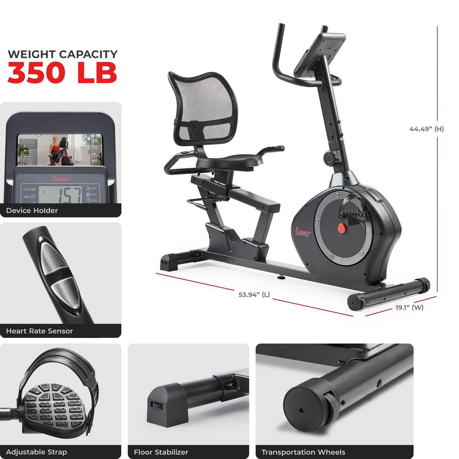 Sunny Health & Fitness Smart Heavy-Duty Magnetic Recumbent Exercise Bike with 350LB Weight Capacity - SF-RB424002
