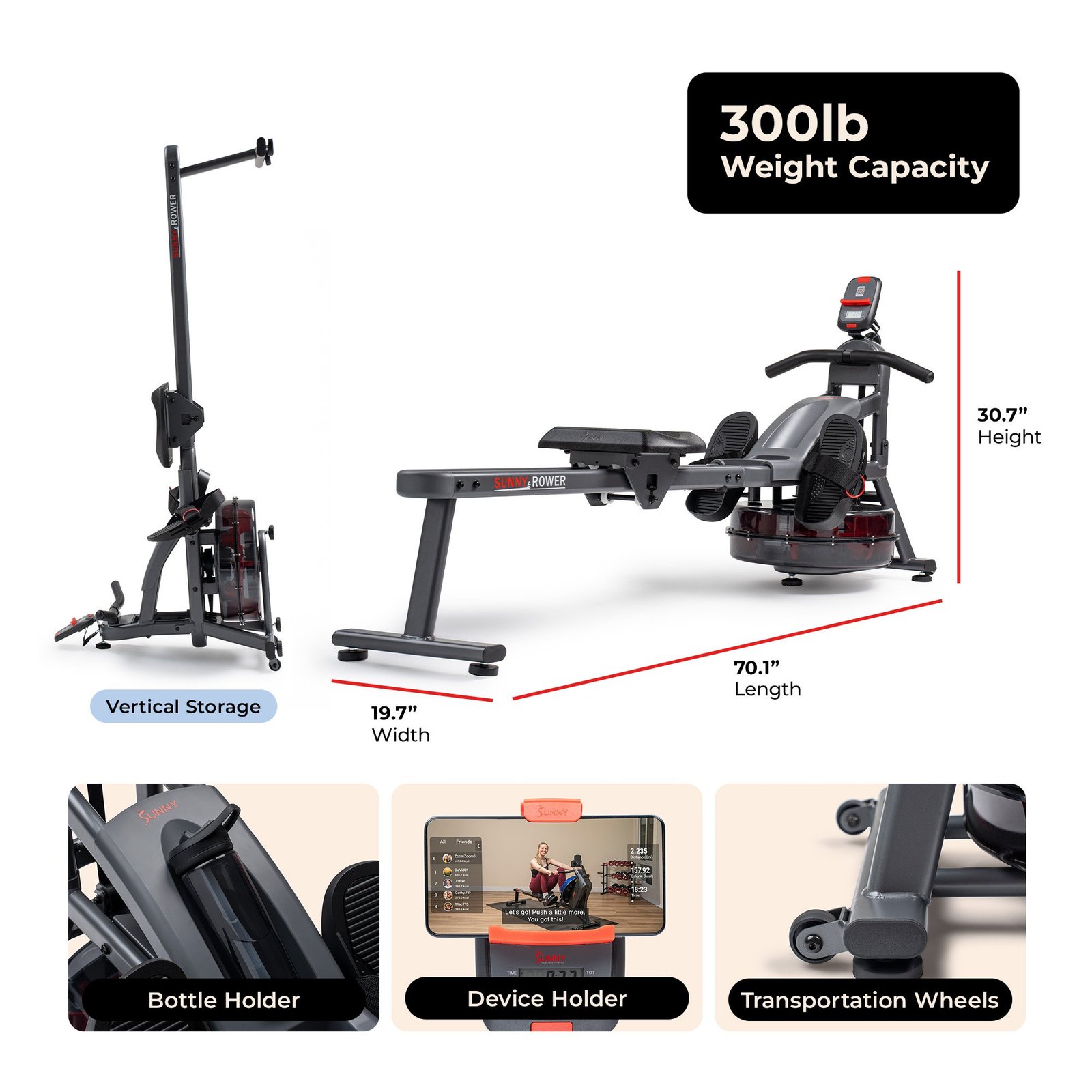 Sunny Health & Fitness Smart Water Rowing Machine - SF-RW524022