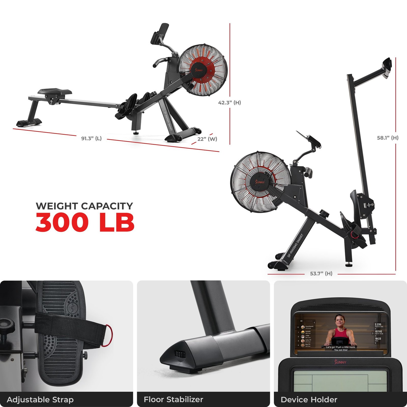 Sunny Health & Fitness Premium Smart Magnetic Air Rower - SF-RW5940SMART