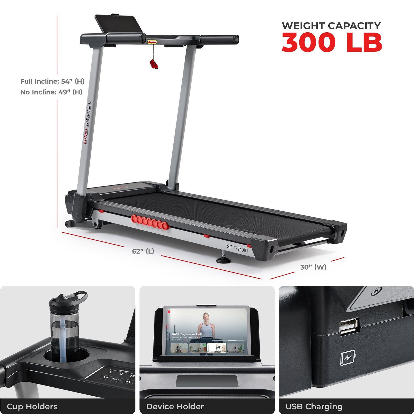 Sunny Health & Fitness Pace 500 Smart Auto Incline Treadmill - SF-T724081