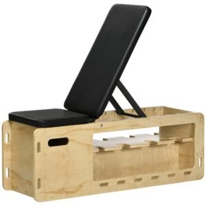Soozier Wooden Workout Bench with Dumbbell Rack and Resistance Bands, Adjustable Incline Weight Bench for Home Gym