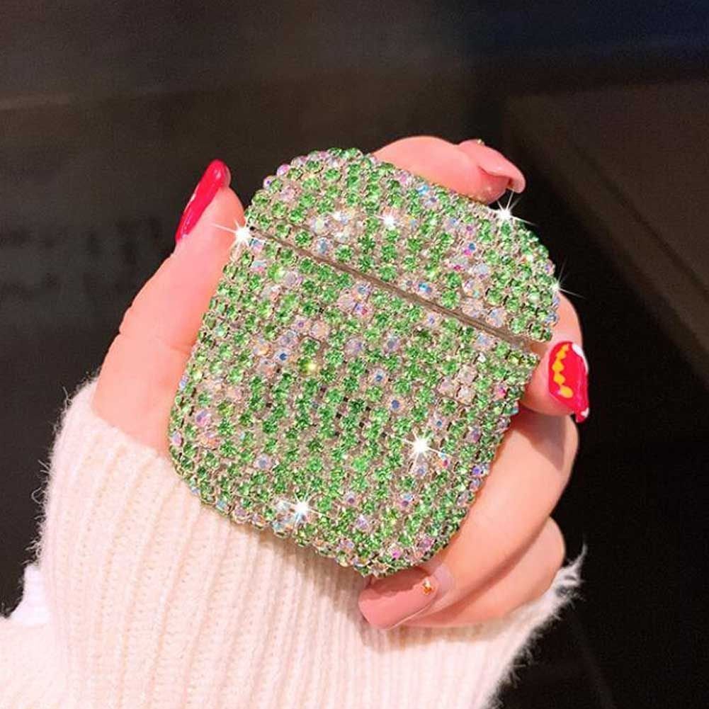 Green Shiny Rhinestone Earphone Case Bling Bling Wireless Bluetooth Earbuds Headphones Storage Hard Case - Image 2