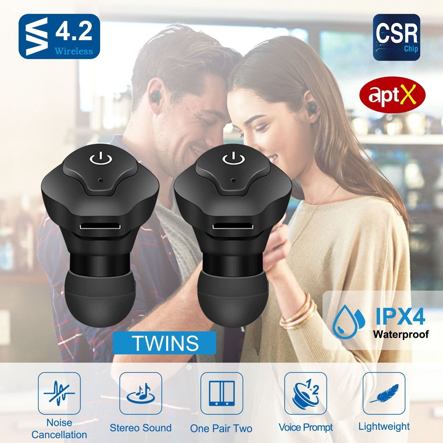 True Wireless Earbuds CSR V4.2 In-ear Stereo Headsets IP44 Waterproof Apt-X TWS Headphones Noise Cancelling w/ Mic for Business Driving Walking - Image 2