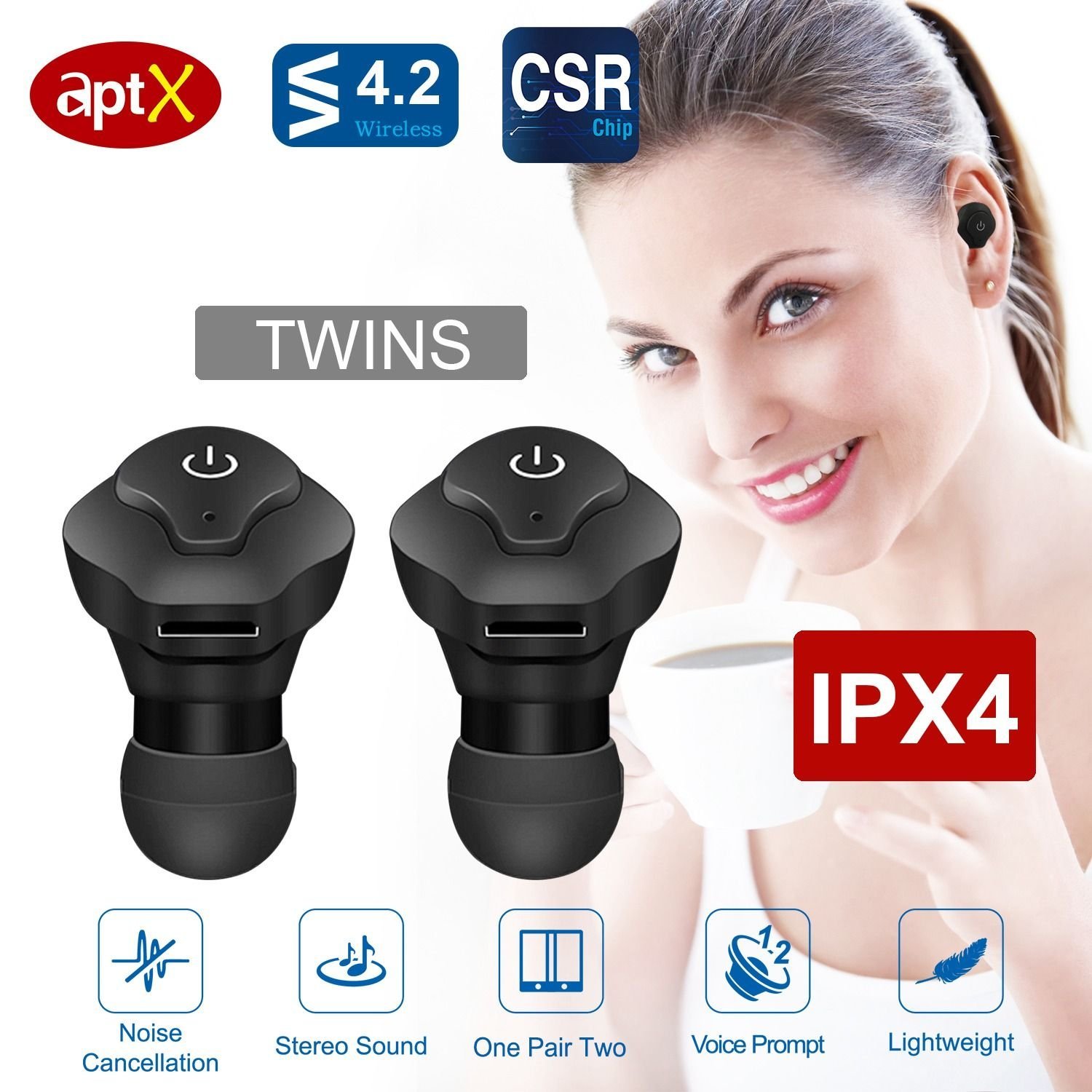 True Wireless Earbuds CSR V4.2 In-ear Stereo Headsets IP44 Waterproof Apt-X TWS Headphones Noise Cancelling w/ Mic for Business Driving Walking - Image 3