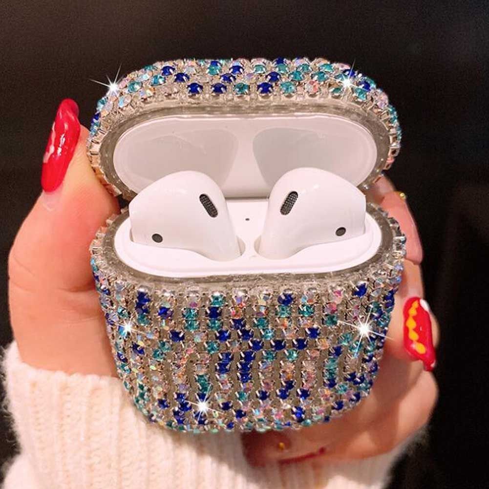 Blue Bling Bling Rhinestone Earphone Case Wireless Bluetooth Earbuds Headphones Storage Hard Case - Image 2