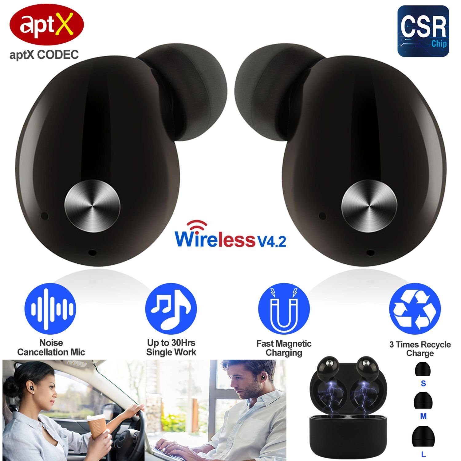 TWS True Wireless V4.2 Earbuds IPX4 In-ear stereo Earphone Hands-free Deep Bass Earpiece w/Mic Magnetic Charging Case 30Hrs Single Earbud Work Time Dr - Image 2