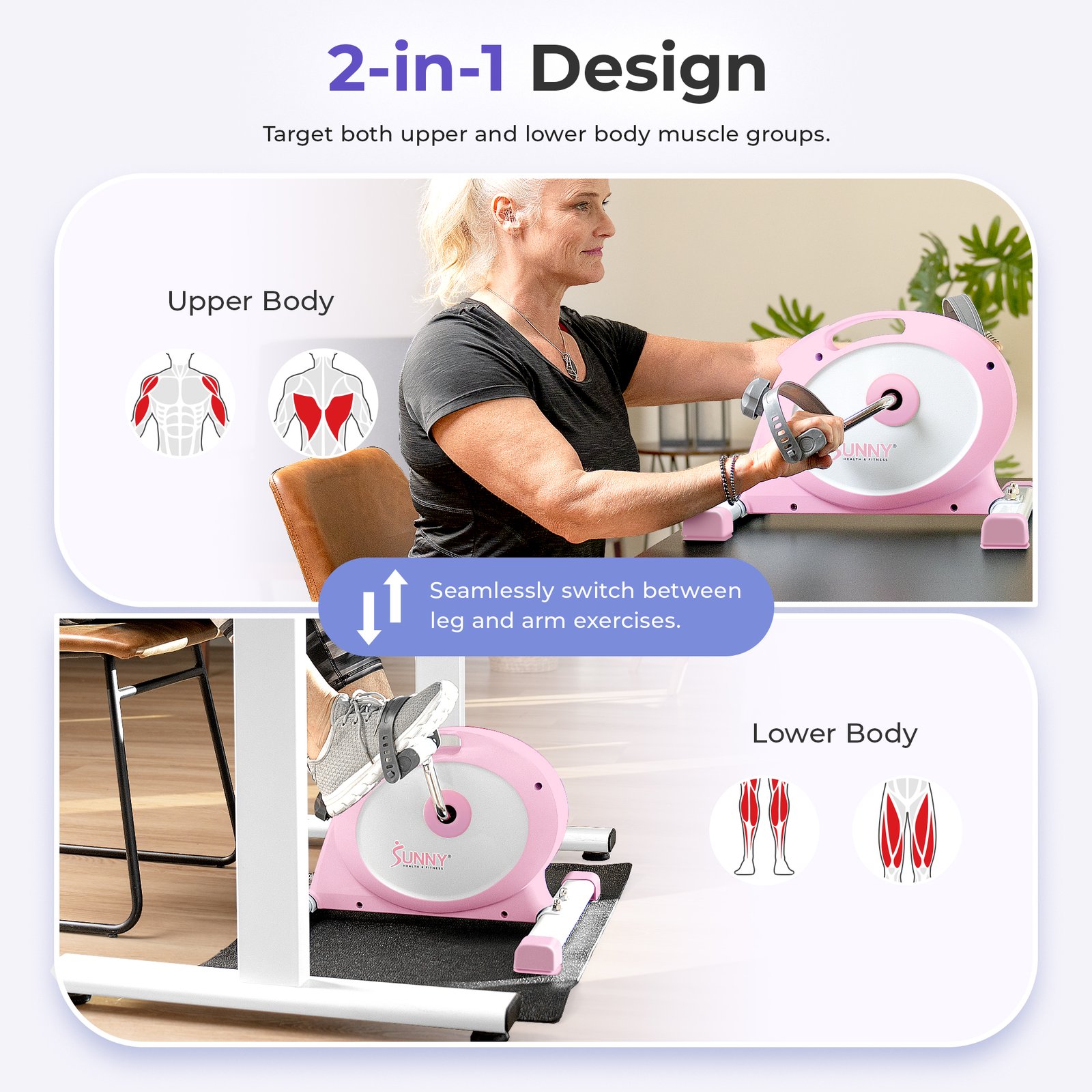 Sunny Health & Fitness Under Desk Smart Mini Exercise Bike (Pink) - P2330 - Image 6