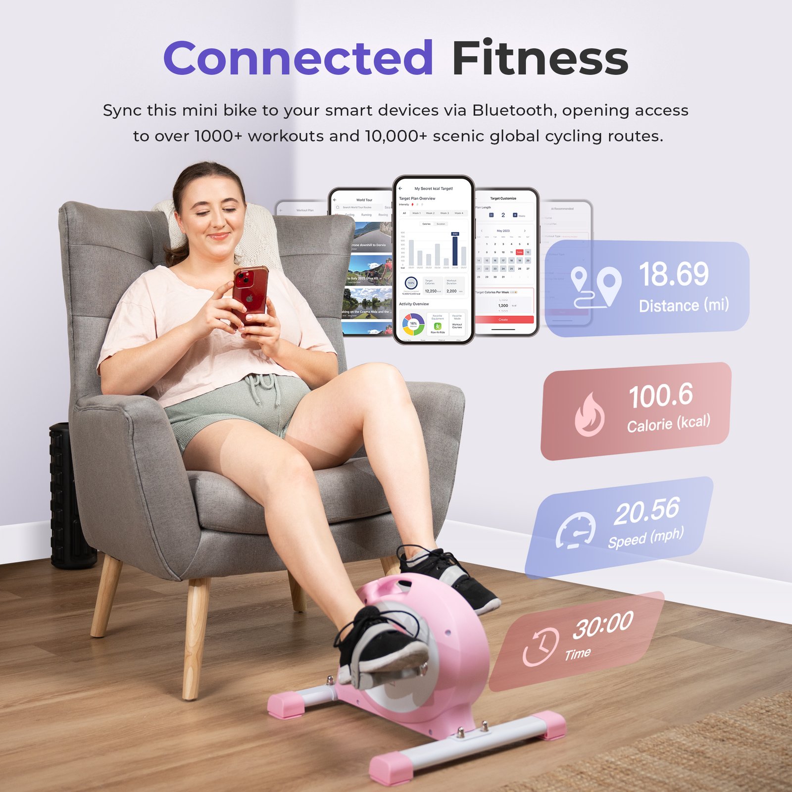 Sunny Health & Fitness Under Desk Smart Mini Exercise Bike (Pink) - P2330 - Image 3