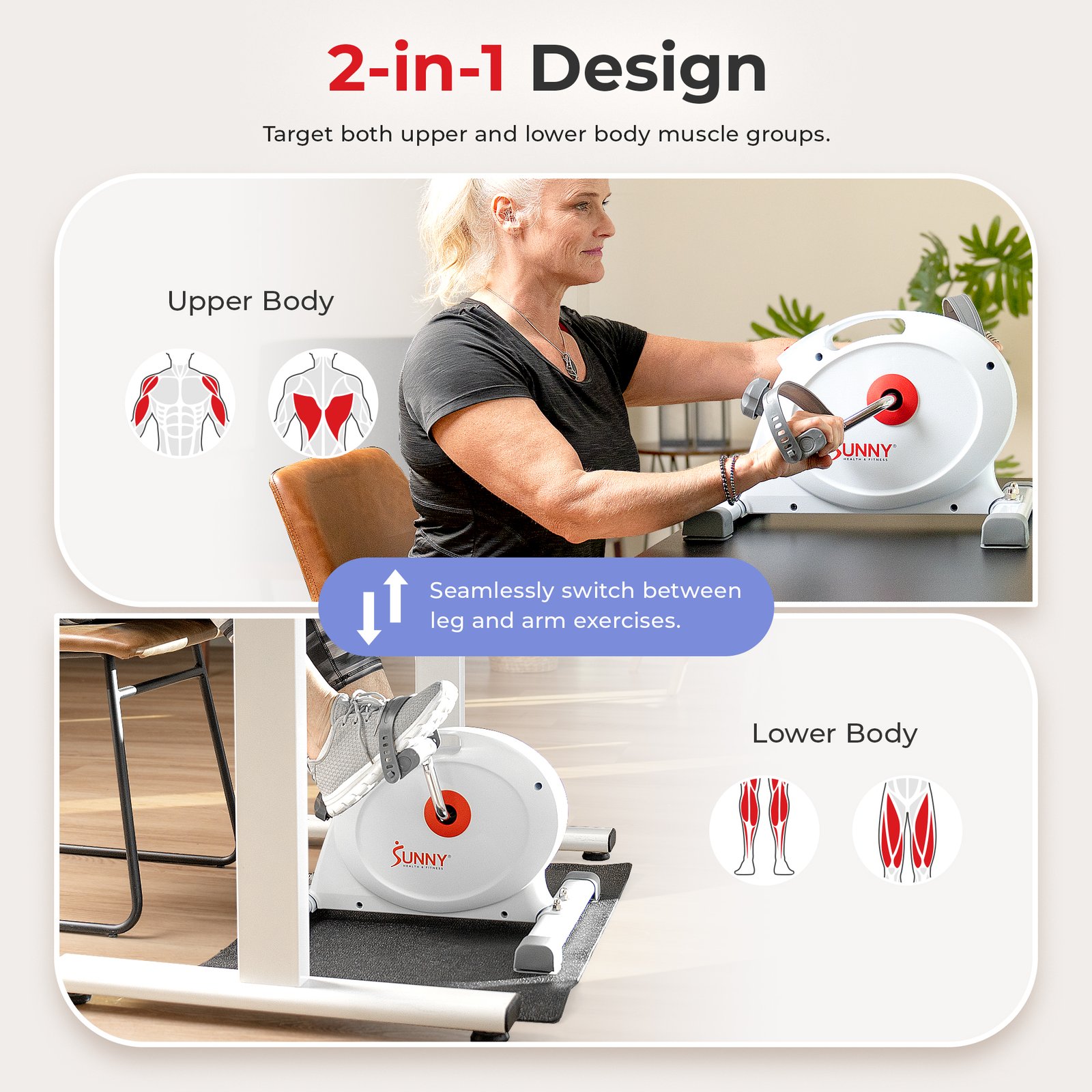 Sunny Health & Fitness Under Desk Smart Mini Exercise Bike (White) - SF-B023005WHT - Image 3