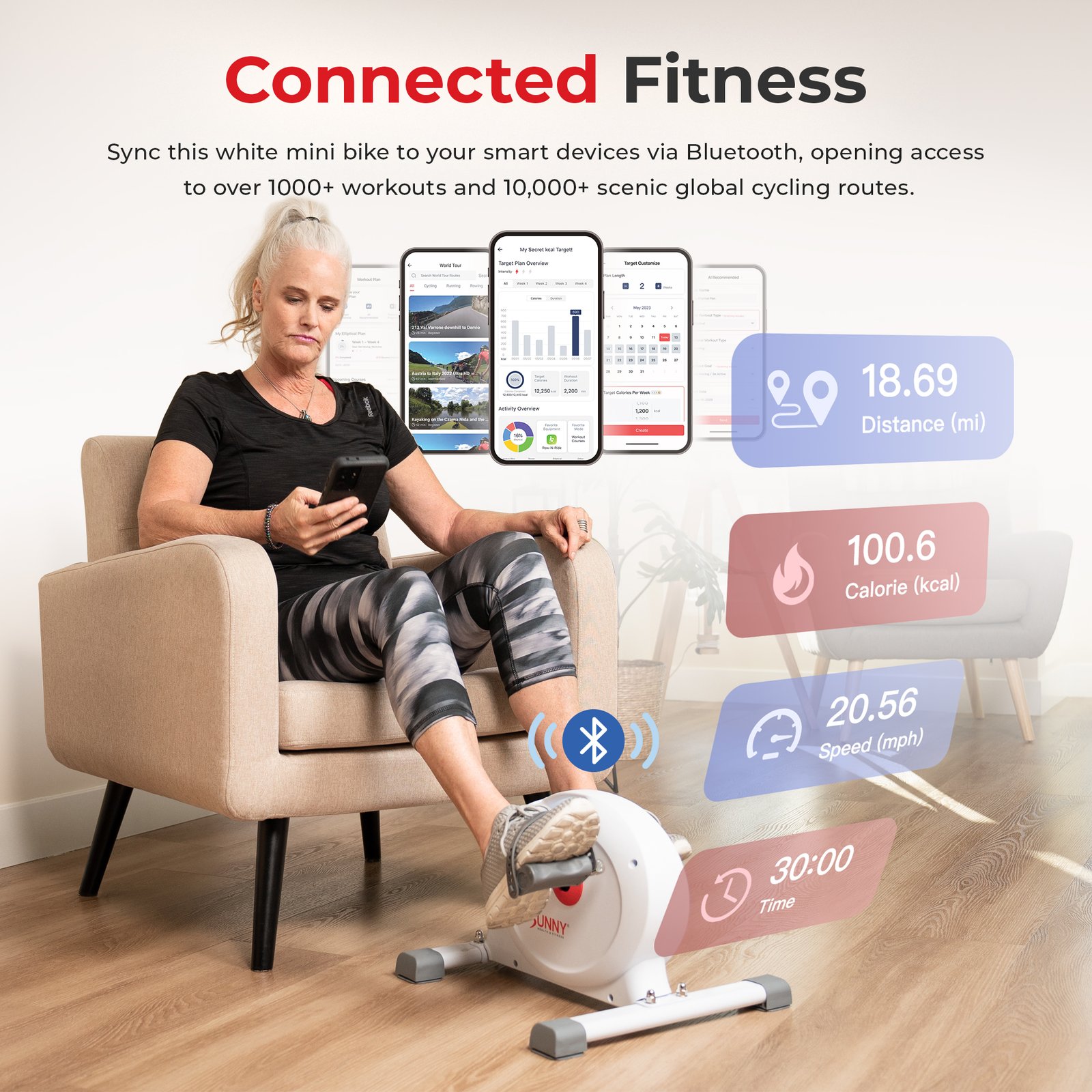 Sunny Health & Fitness Under Desk Smart Mini Exercise Bike (White) - SF-B023005WHT - Image 4